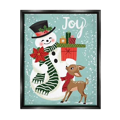 Stupell Industries Joy Smiling Snowman Holiday Deer Framed Floater Canvas Wall Art