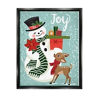 Stupell Industries Joy Smiling Snowman Holiday Deer Framed Floater Canvas Wall Art