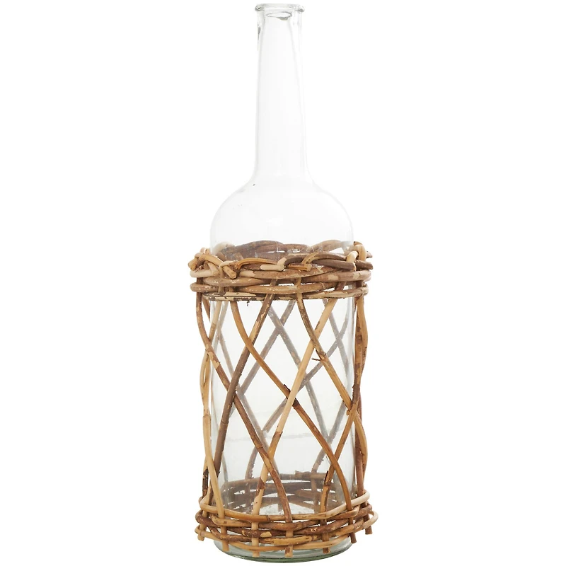 23" Clear Glass Handmade Tall Vase with Brown Rattan Woven Lower Body