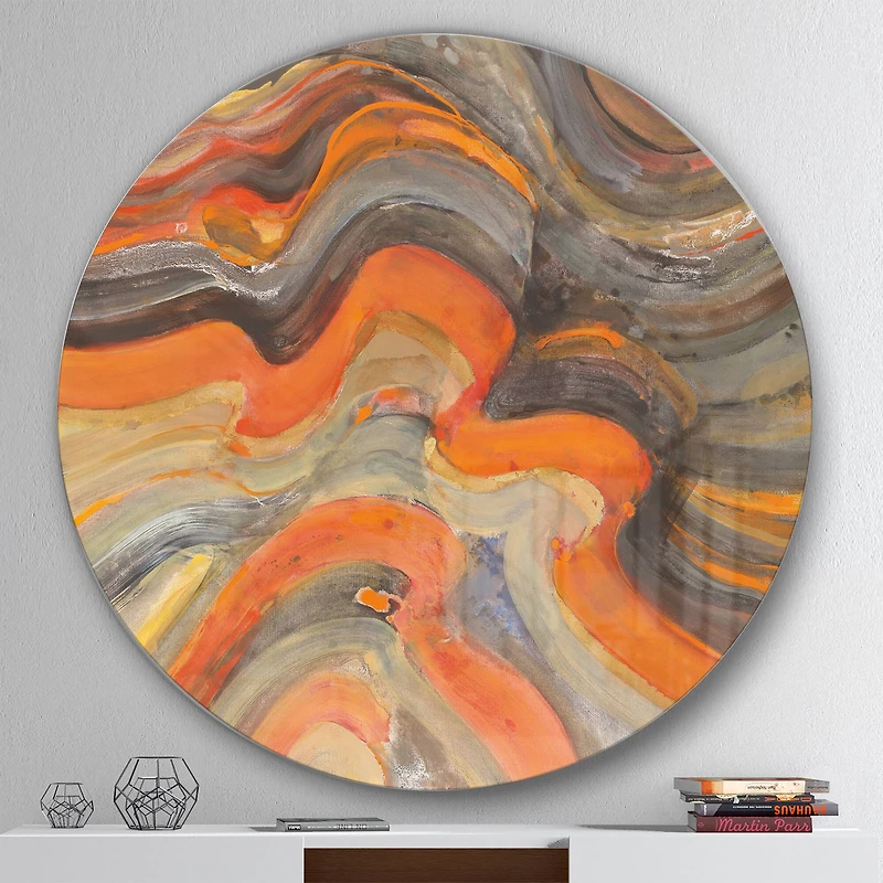 Designart - Abstract Gilded Orange Waves - Geometric Metal Circle Wall Art