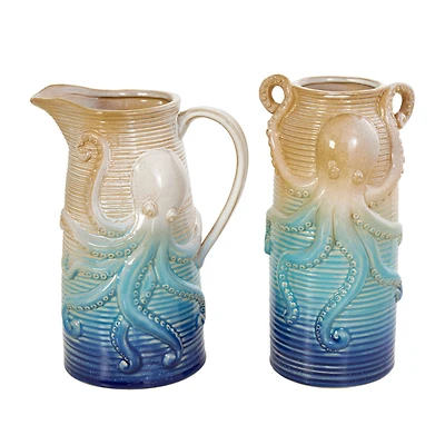 Blue Ombre Ceramic Octopus Vase Set