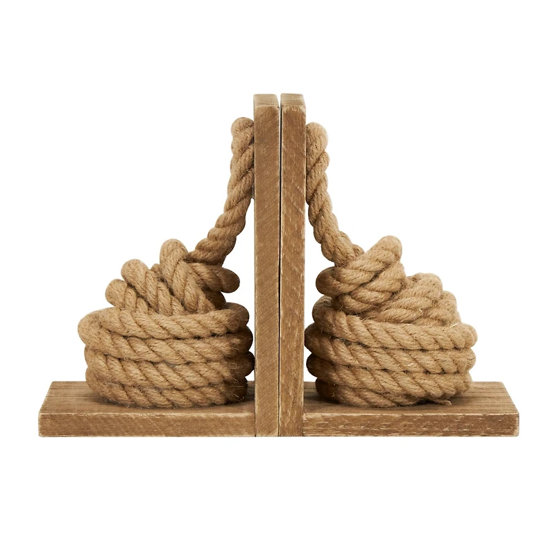 7" Brown Wood Knot Rope Bookends with Distressed L-Shaped Stands Set