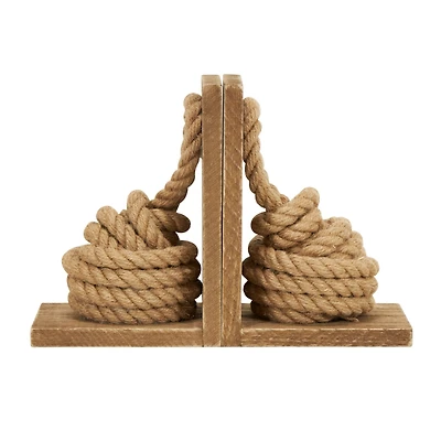 7" Brown Wood Knot Rope Bookends with Distressed L-Shaped Stands Set