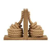 7" Brown Wood Knot Rope Bookends with Distressed L-Shaped Stands Set