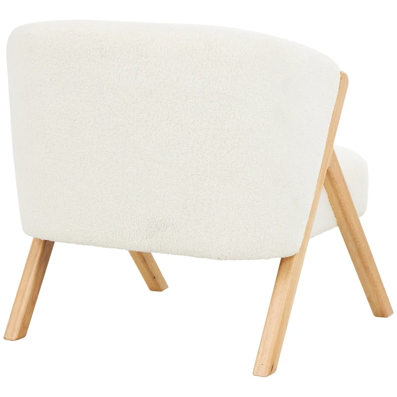 White Polyester Rounded Boucle Accent Chair with Angled Wooden Legs