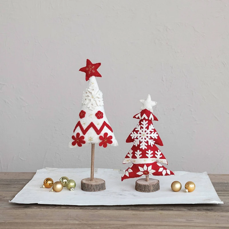 Hello Honey® 12.5" Red & White Handmade Wool Felt Christmas Tree with Applique, Embroidery & Wood Base
