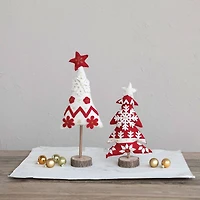 Hello Honey® 12.5" Red & White Handmade Wool Felt Christmas Tree with Applique, Embroidery & Wood Base