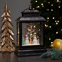 12" Musical Lighted Black Christmas Snow Globe Lantern with Snowmen