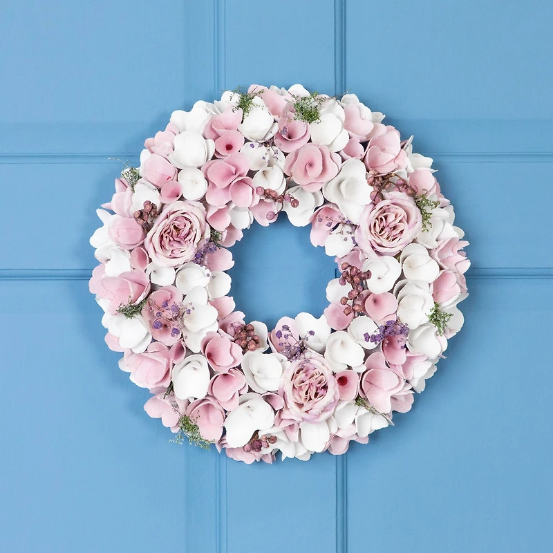 13.5" Pink & White Wooden Floral Spring Artificial Wreath with Berries
