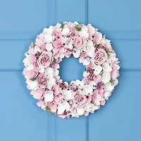 13.5" Pink & White Wooden Floral Spring Artificial Wreath with Berries