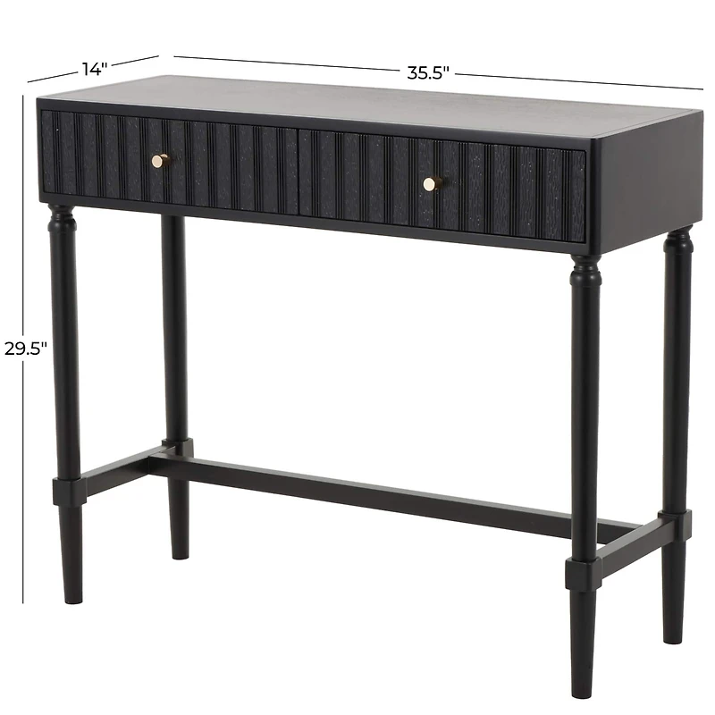 35.5" Black Wood Handmade 2-Drawer Console Table with Gold Handles
