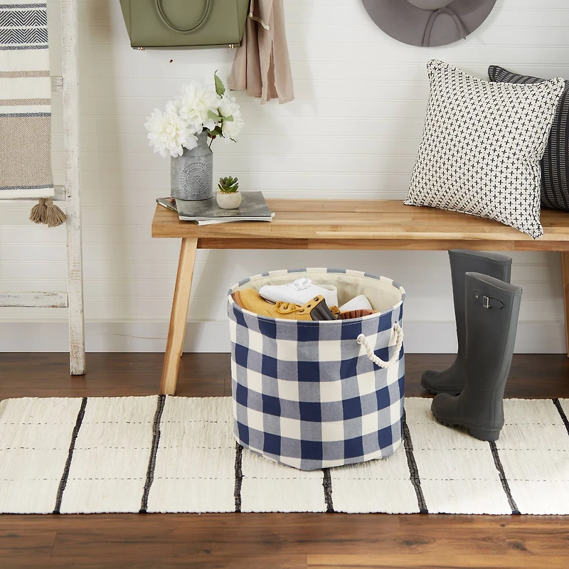 DII® Large Round Off White/Navy Buffalo Check Polyester Bin