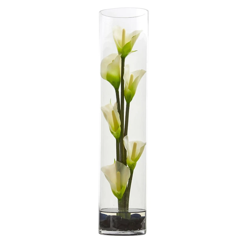 18" Mini Calla Lily Artificial Arrangement in Cylinder Glass Vase