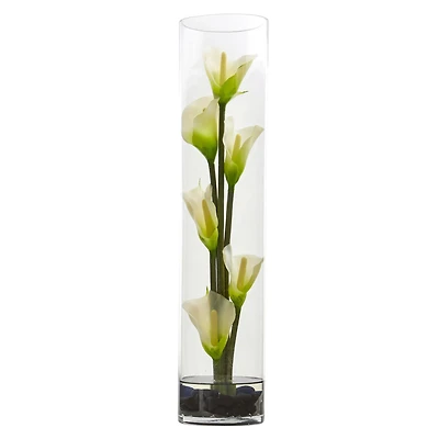 18" Mini Calla Lily Artificial Arrangement in Cylinder Glass Vase