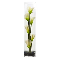 18" Mini Calla Lily Artificial Arrangement in Cylinder Glass Vase