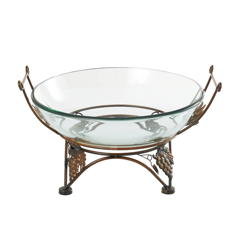 19" Clear Tempered Glass Kitchen Serving Bowl with Copper Metal Grapes Base
