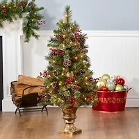 4ft. Pre-Lit Pine Iced Berry Pine Entrance Tree in Gold Urn, Clear Lights