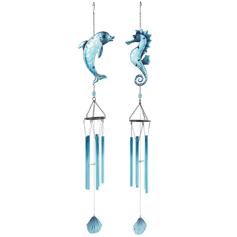 Blue Sea Life Metal Dolphin & Seahorse Windchime with Dangling Seashells Set
