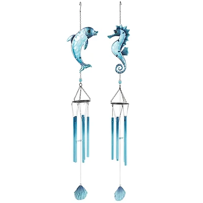 Blue Sea Life Metal Dolphin & Seahorse Windchime with Dangling Seashells Set