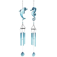 Blue Sea Life Metal Dolphin & Seahorse Windchime with Dangling Seashells Set