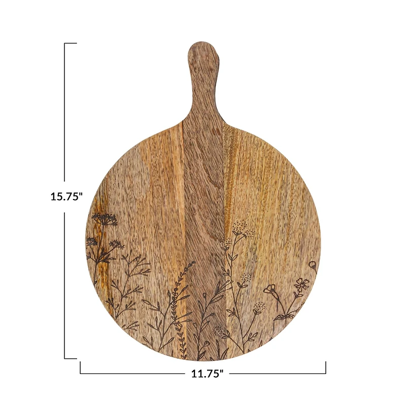 Hello Honey® 15.75" Natural Laser-Etched Floral Mango Wood Cheese Board