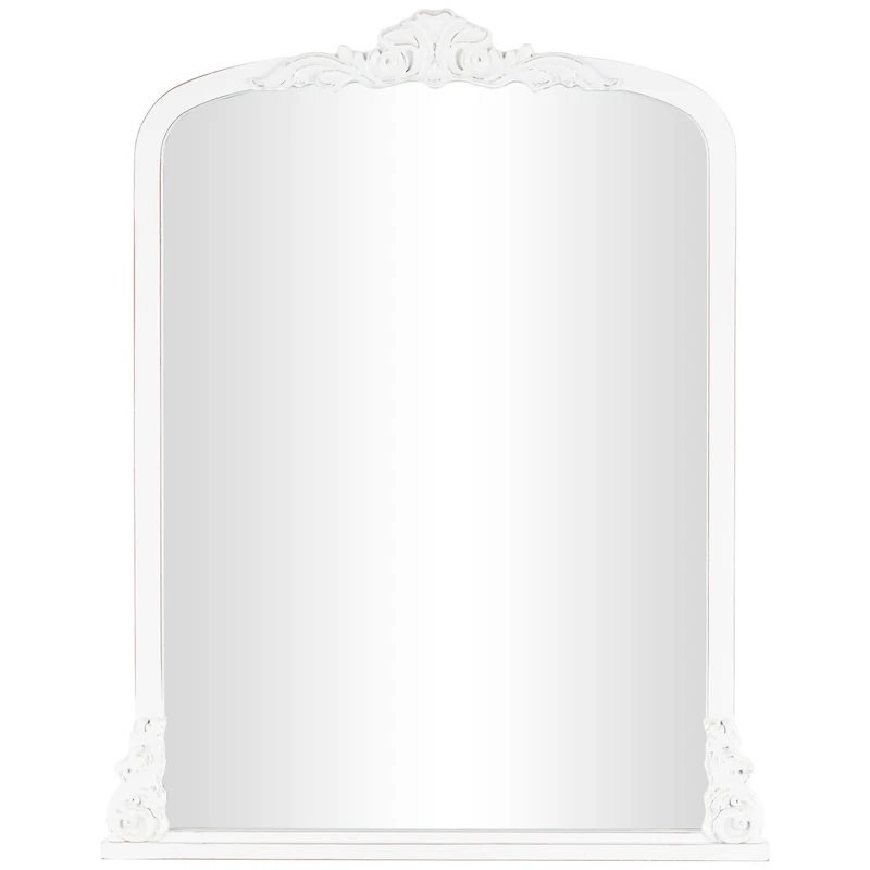 27" x 35", White Wooden Arched Wall Mirror with Scroll Details