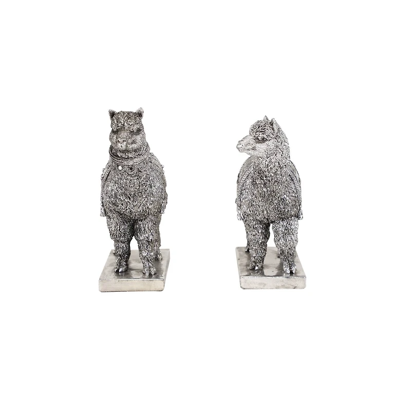 Set of 2 Silver Resin Eclectic Llama Sculpture, 10", 9"