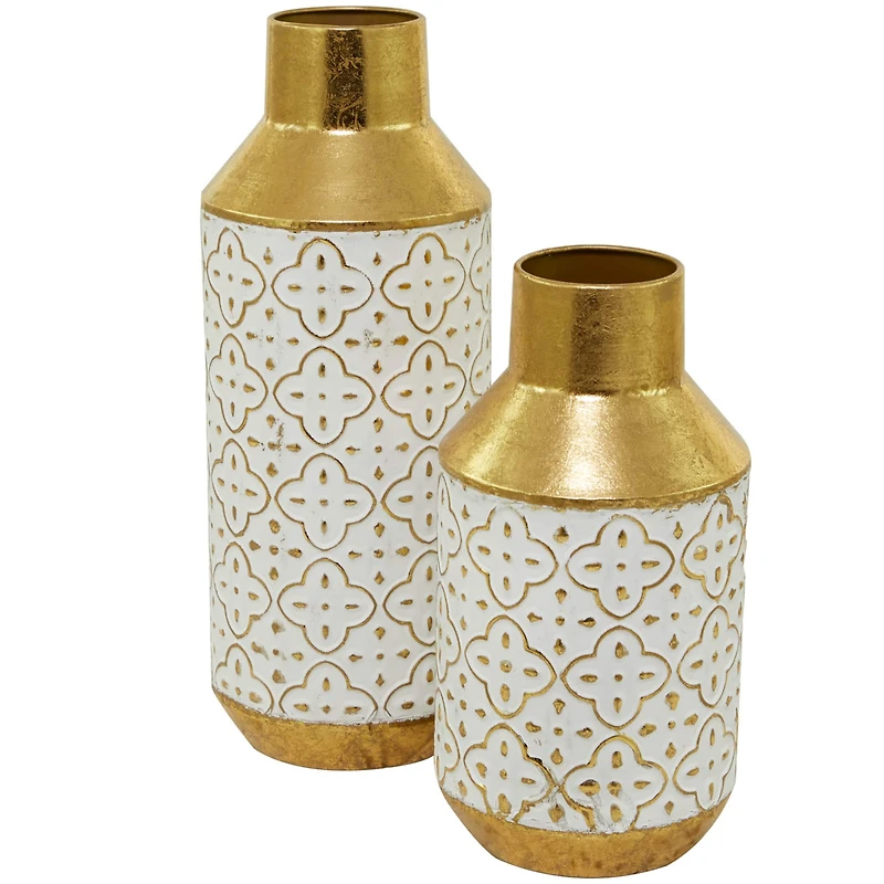 Gold Metal Handmade Embossed Quatrefoil Vase with Gold Detailing Set of 2 16", 12"