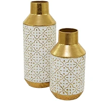 Gold Metal Handmade Embossed Quatrefoil Vase with Gold Detailing Set of 2 16", 12"