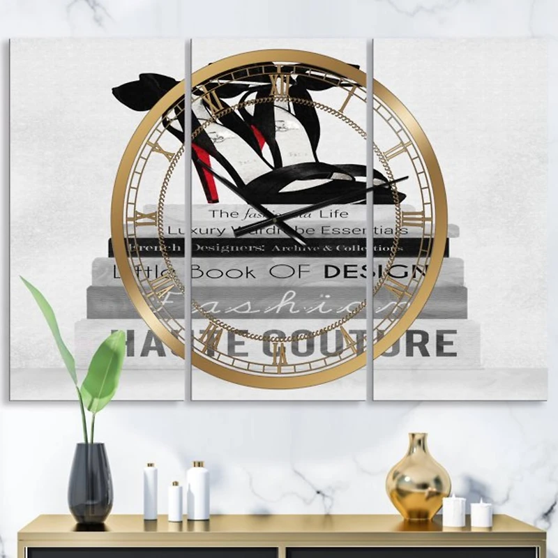 Designart Fashionista Reads III Fashion 3 Panel Large Wall Clock
