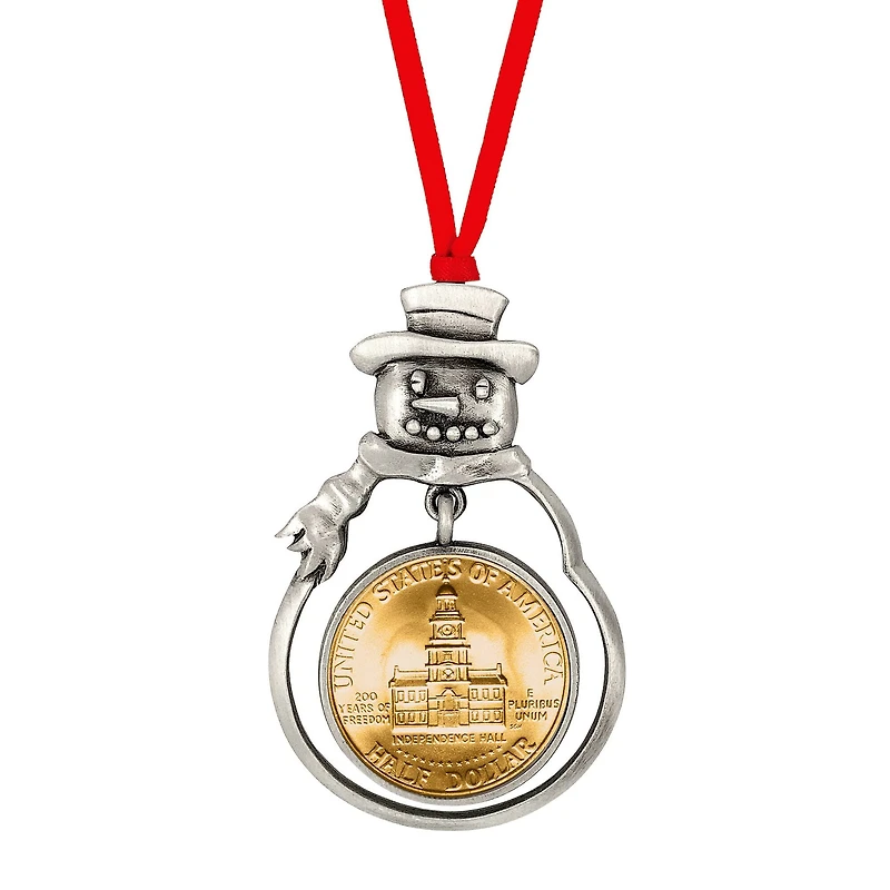 Gold Plated Bicentennial JFK Half Dollar Snowman Ornament