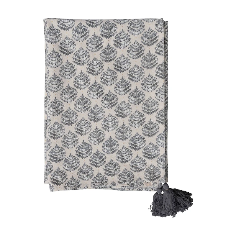 Hello Honey® 84" Gray & Gold Cotton Printed Tablecloth with Leaf Pattern & Tassels