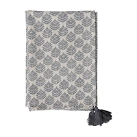Hello Honey® 84" Gray & Gold Cotton Printed Tablecloth with Leaf Pattern & Tassels
