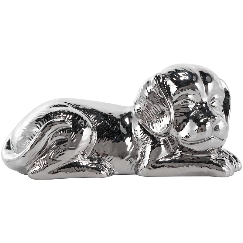 10" Silver Ceramic Laying Dog Sculpture