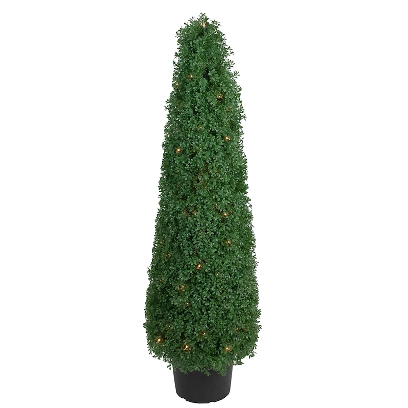 4ft. Pre-Lit Artificial Boxwood Cone Topiary Tree with Round Pot, Clear Lights