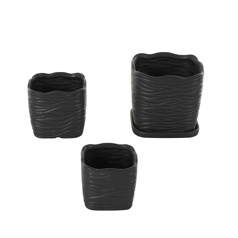 Black Wavy Ribbed Ceramic Planter Set
