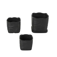 Black Wavy Ribbed Ceramic Planter Set