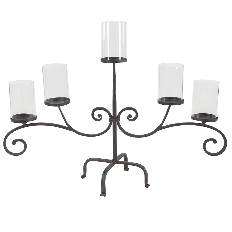 Traditional Black Metal and Glass 5-Light Candelabra, 21" x 36" x 13"