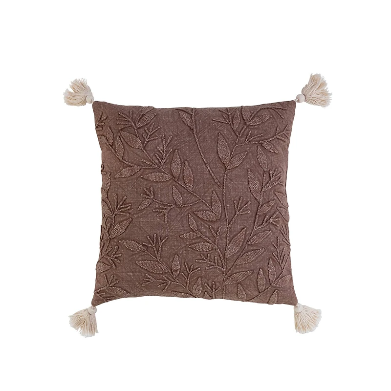 Hello Honey® Aubergine & Natural Leaf Embroidery Stonewashed Cotton Pillow with Tassels