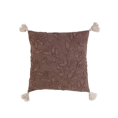 Hello Honey® Aubergine & Natural Leaf Embroidery Stonewashed Cotton Pillow with Tassels