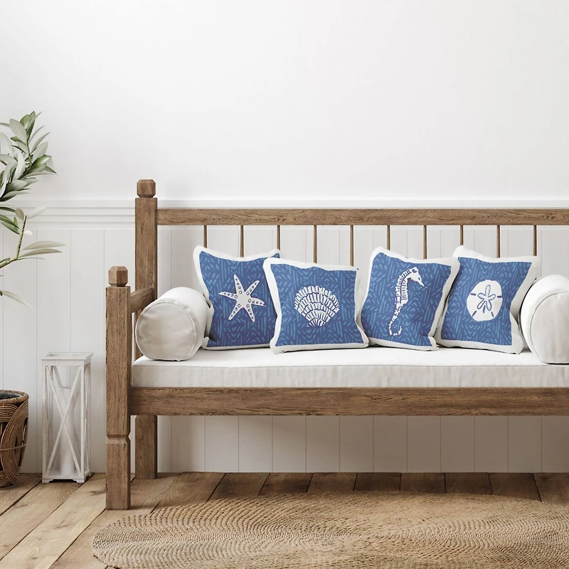 Stupell Industries Various Seashells Blue Beach Line Patterns 4 Pillow Set, 18" x 18"