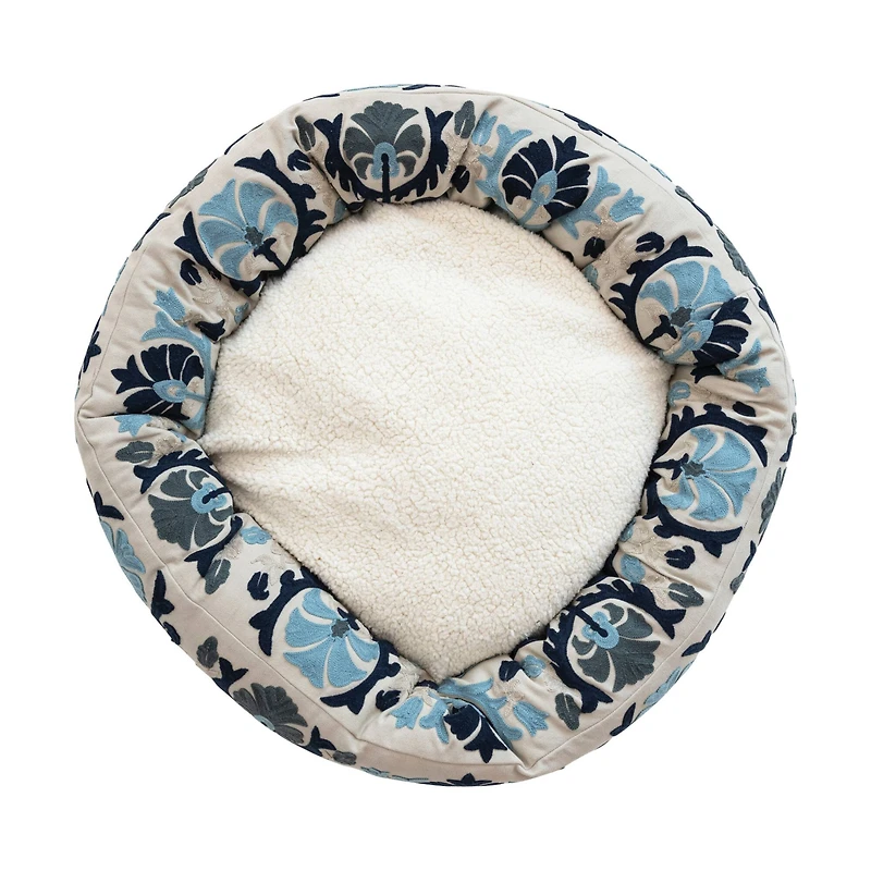 Hello Honey® 24" Natural, Blue & Gray Round Floral Cotton & Sherpa Pet Bed