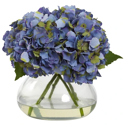9" Blue Hydrangea Arrangement in Glass Vase