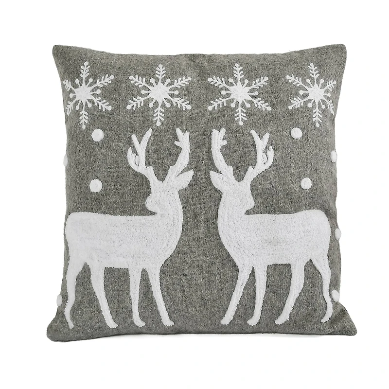 18” Gray & White Reindeer & Snowflakes Throw Pillow