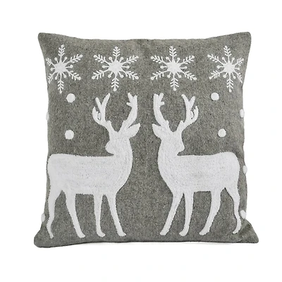 18” Gray & White Reindeer & Snowflakes Throw Pillow