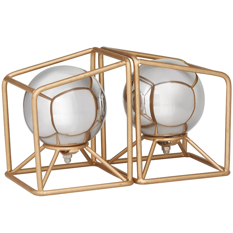 6" Silver Stainless Steel Orb Geometric Bookends with Gold Base Set