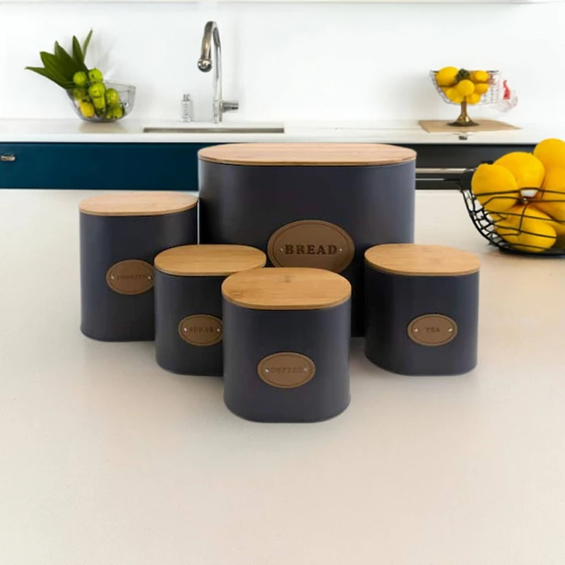 MegaChef 5-Piece Canister Set in Gray with Bamboo Lids