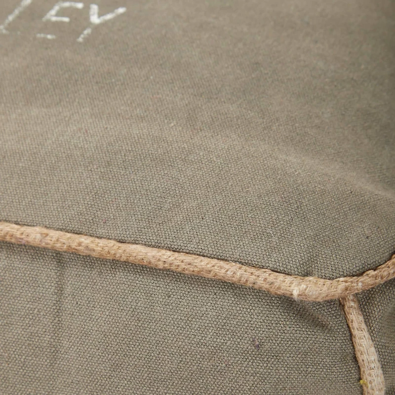 Gray Fabric and Leather Rustic Pouf, 17" x 21" x 21"