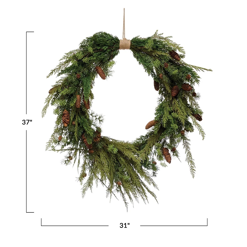 Hello Honey® 31" Faux Pine Wreath with Pinecones & Wrapped Jute Hanger