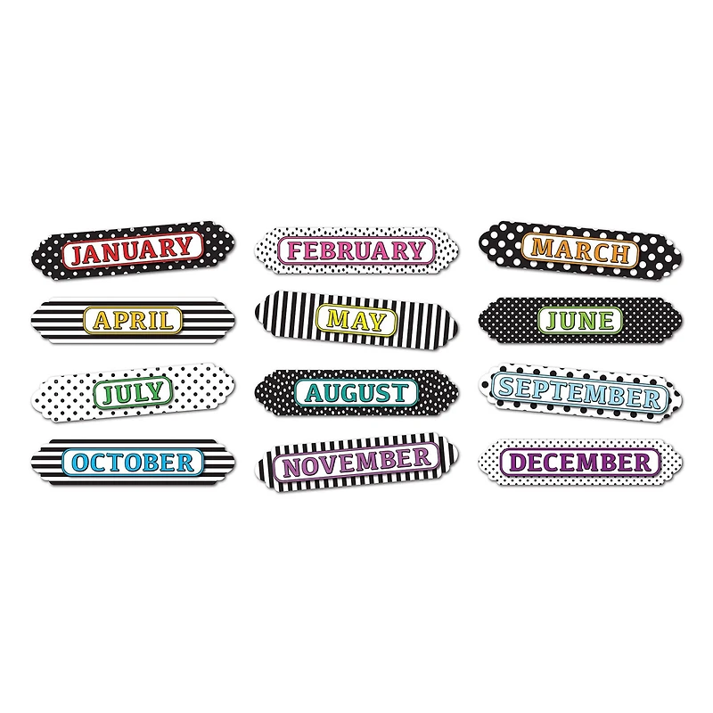 Ashley Productions Months of the Year Black & White Assorted Patterns Magnetic Die-Cut Timesavers & Labels, 3 Packs of 12
